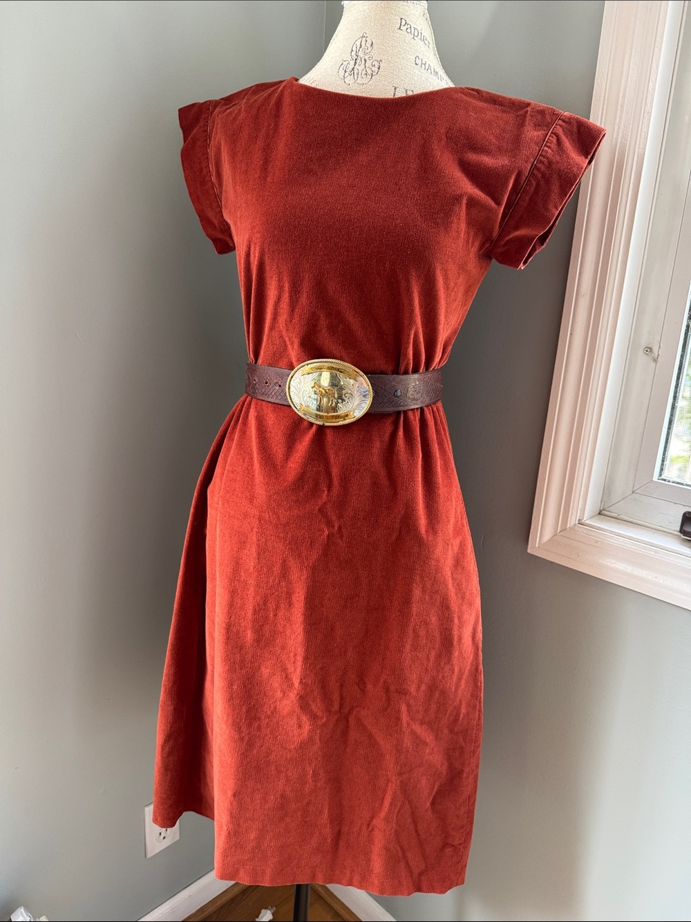 Lands End Canvas western boho pinwhale micro corduroy rust midi dress M/L